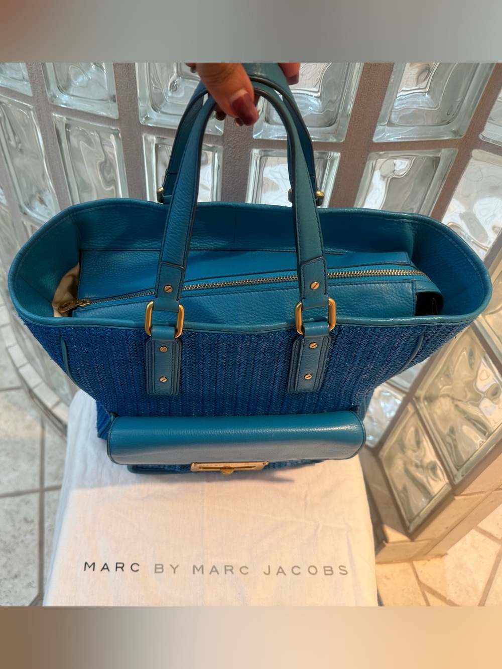 Marc by Marc Jacobs Hayley Straw/Leather Teal Blue Tote with Front Flap Pocket - Picture 5 of 17
